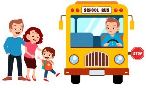 Parents helping students on a bus