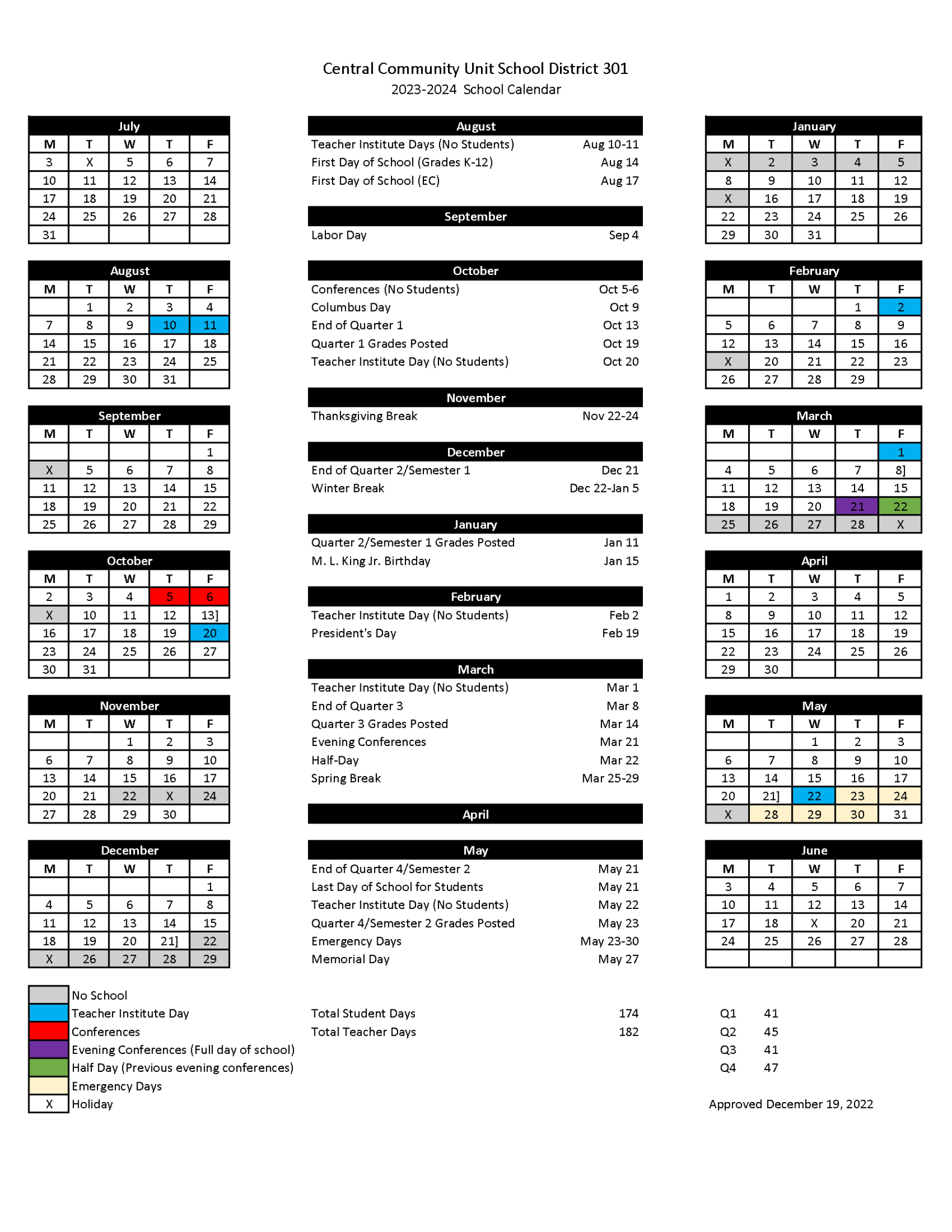 CENTRAL 301 SCHOOL CALENDAR APPROVED FOR 202324 Central School