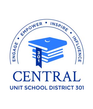 DIstrict 301 logo. Dark blue lettering on a white background, a stack of blue textbooks in the center, the words "Central United School District 301" written below the illustration, and the words "Engage, Empower, Inspire, Influence" in an arch above the book stack.