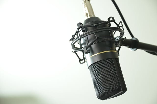 A black professional recording microphone positioned on the right side of the frame with a white, softly blurred background.