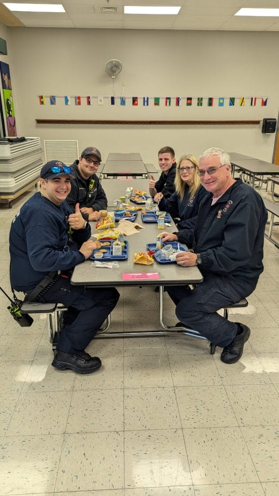 Burlington Fire Dept eating lunch