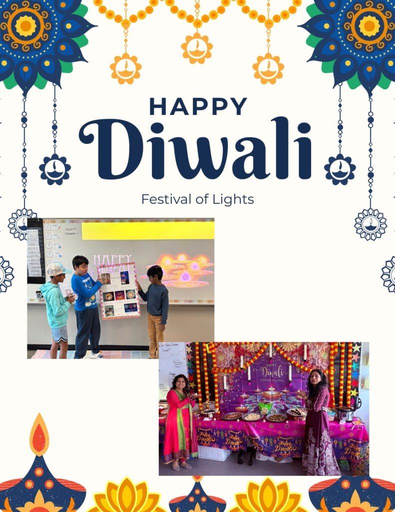 Students presenting their Diwaly presentation to the class and Staff posing in front of the treats that were brought in. 