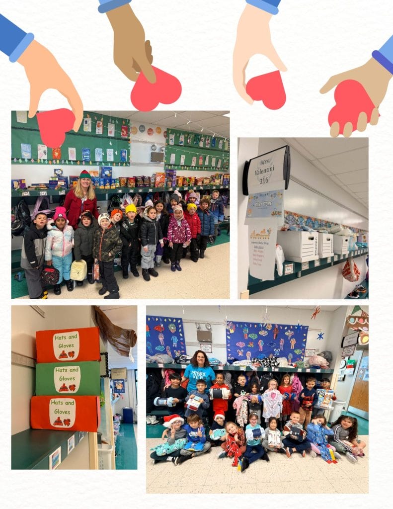 1st grade classes posing with all the donations that were received