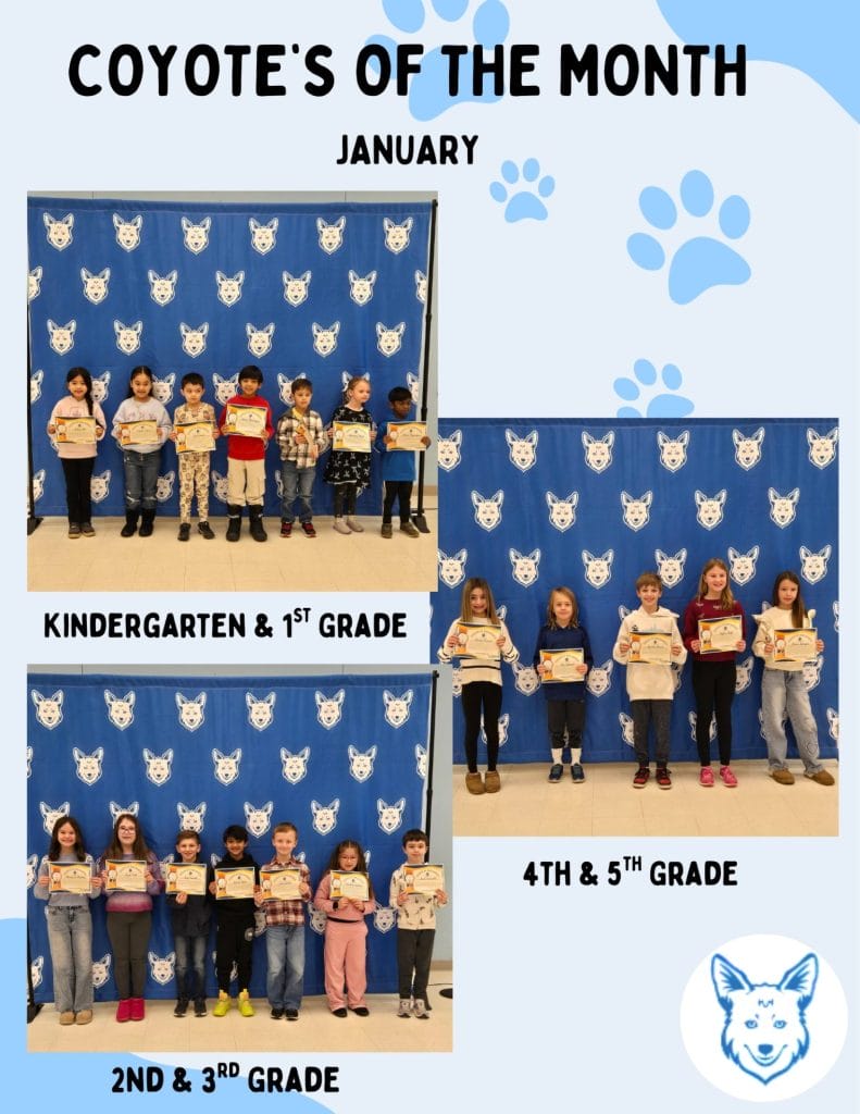 January Coyote's of the Month at their ceremony by grade level