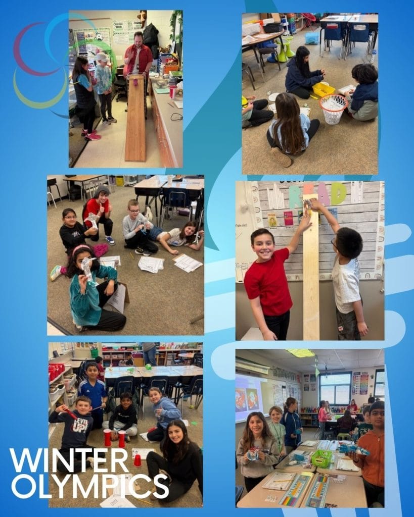 Fourth grade students reenacting winter olympic sports