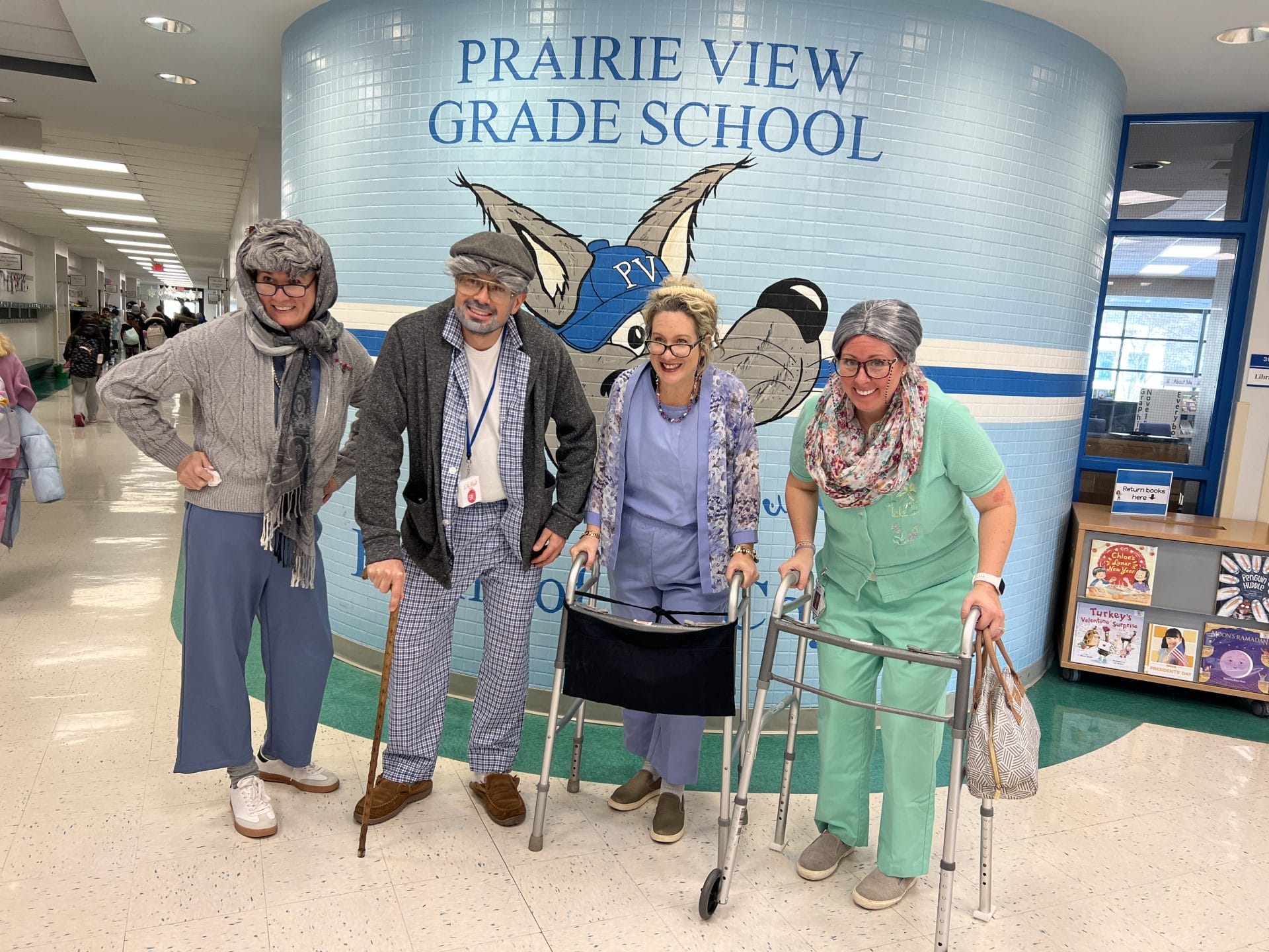 Prairie View Staff dressed up as 100 year olds for the 100th day of school