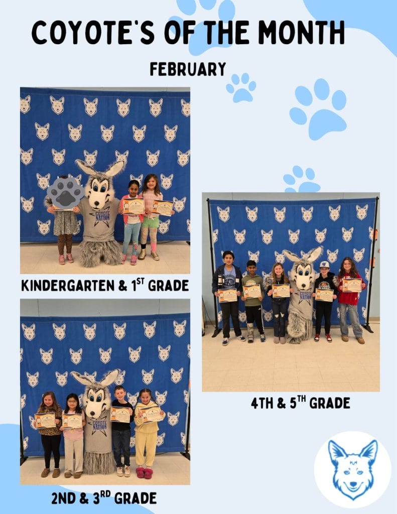 Prairie View Students by grade at their coyote of the month ceremony